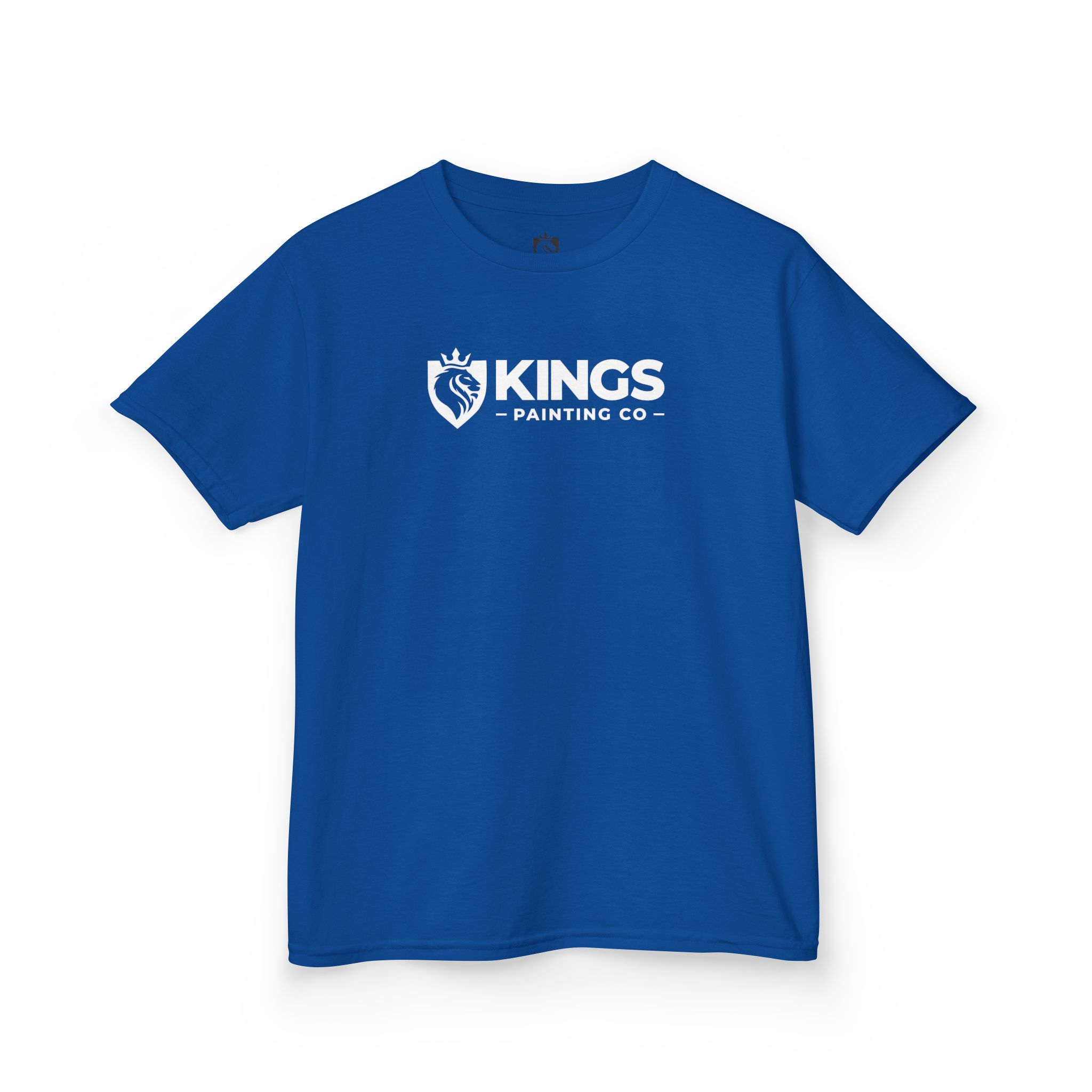 Kings Painting Co. Kids T-Shirt (White Graphics) by Gildan®, featuring a blue shirt with a bold white crowned lion’s head logo and “KINGS PAINTING CO” in uppercase letters.