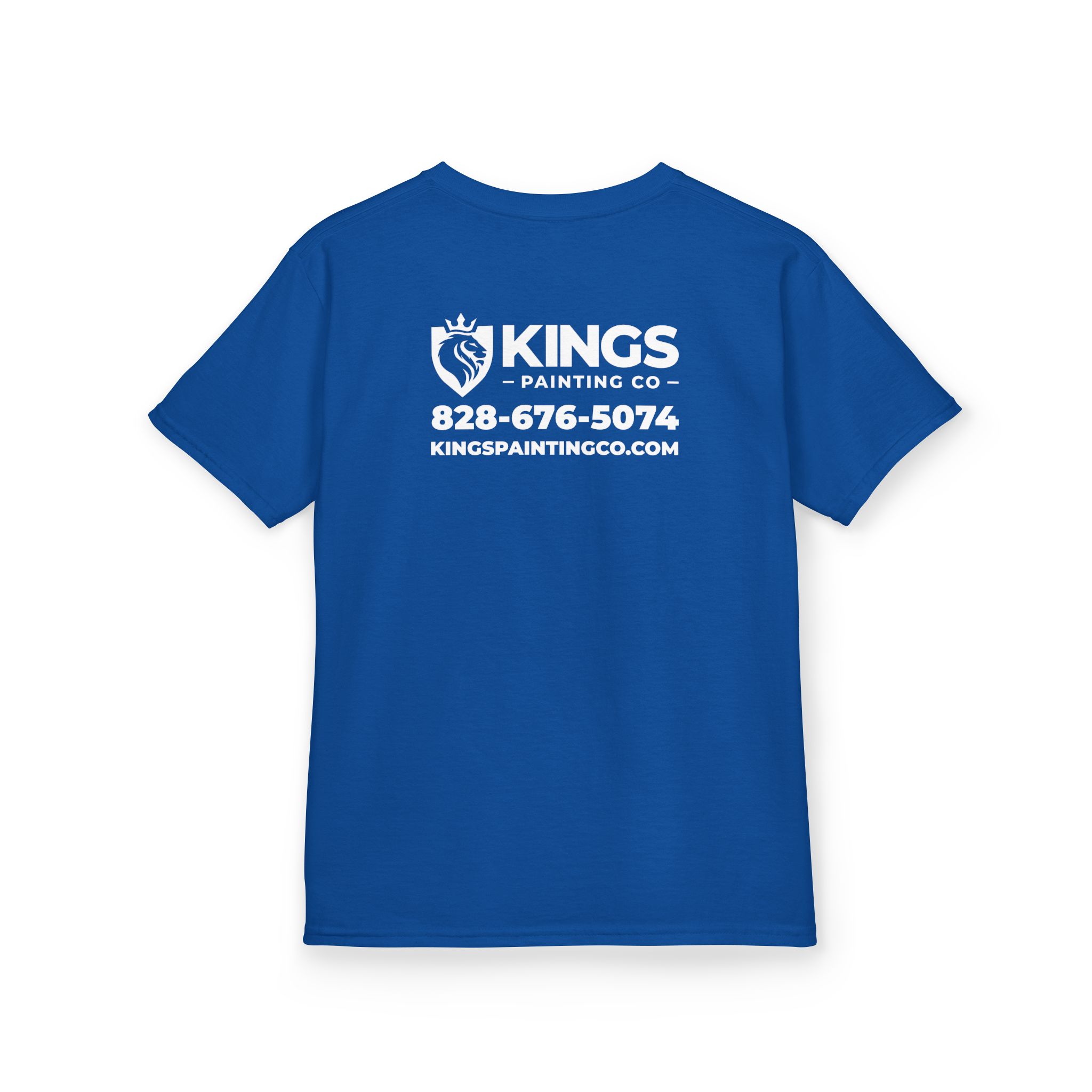Kings Painting Co. Kids T-Shirt (White Graphics) | Gildan® features a blue color with "KINGS PAINTING CO," a lion logo, phone number 828-676-5074, and website kingspaintingco.com printed in white on the back.