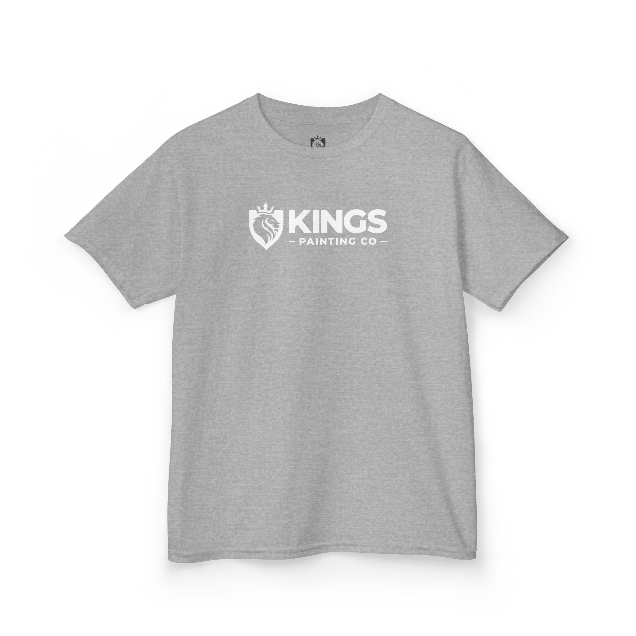 A kids’ gray Gildan® T-shirt featuring white Kings Painting Co. graphics with a crowned lion shield emblem printed on the front center.