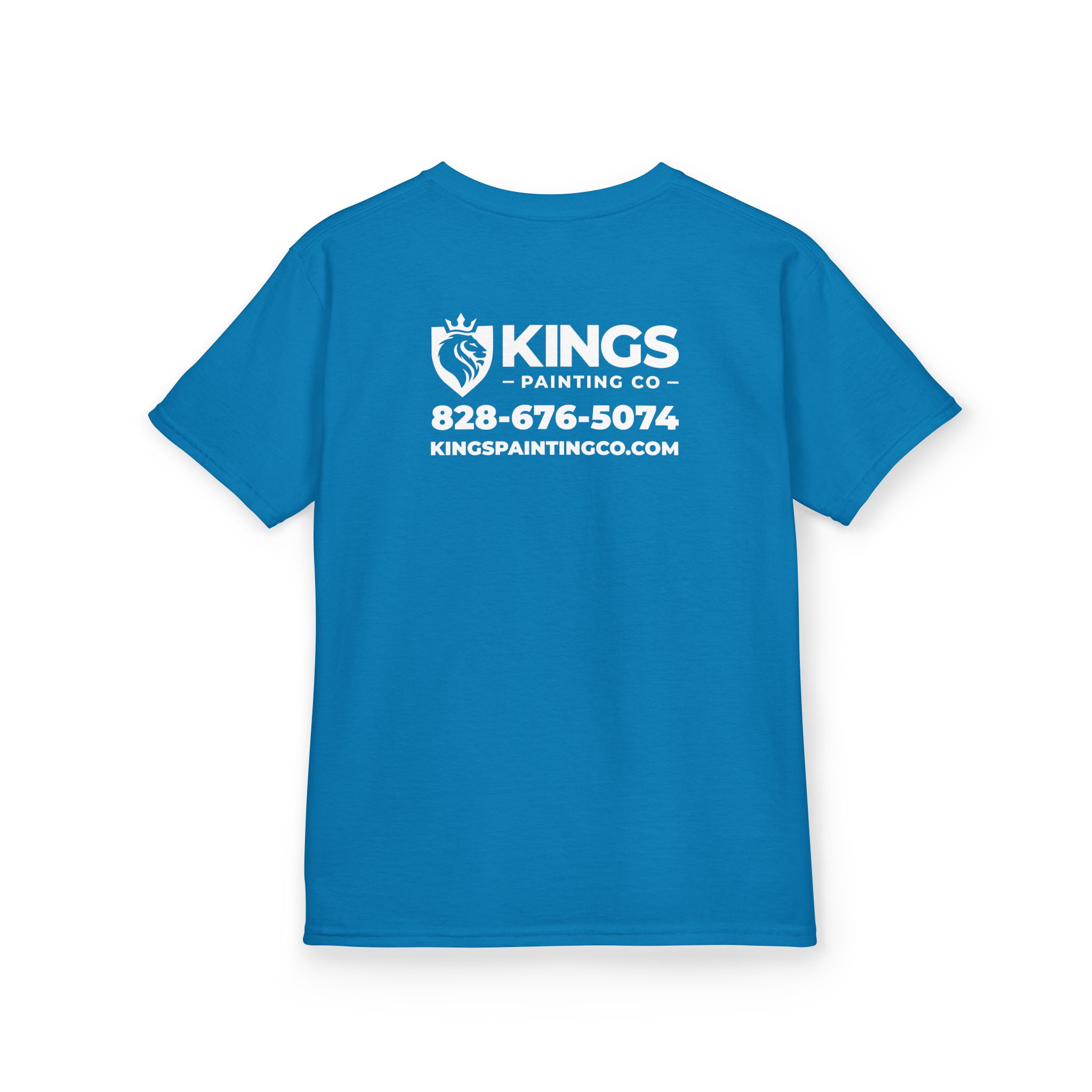 Kings Painting Co. Kids T-Shirt (White Graphics) | Gildan® – blue t-shirt featuring the KINGS PAINTING CO logo, a lion graphic, phone number 828-676-5074, and website kingspaintingco.com printed in white on the back.