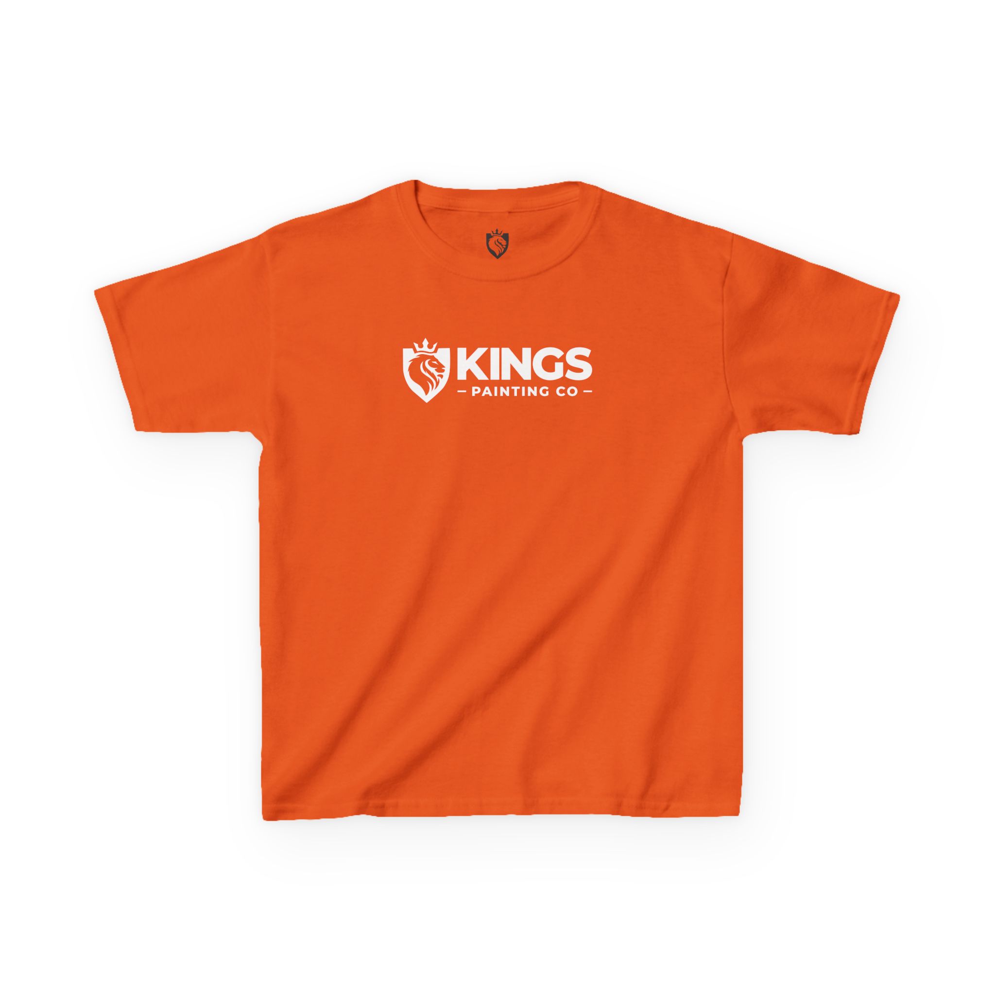 Kings Painting Co. Kids T-Shirt (White Graphics) | Gildan® in bright orange, featuring a white Kings Painting Co logo and crown emblem on the chest, shown on a plain white background.