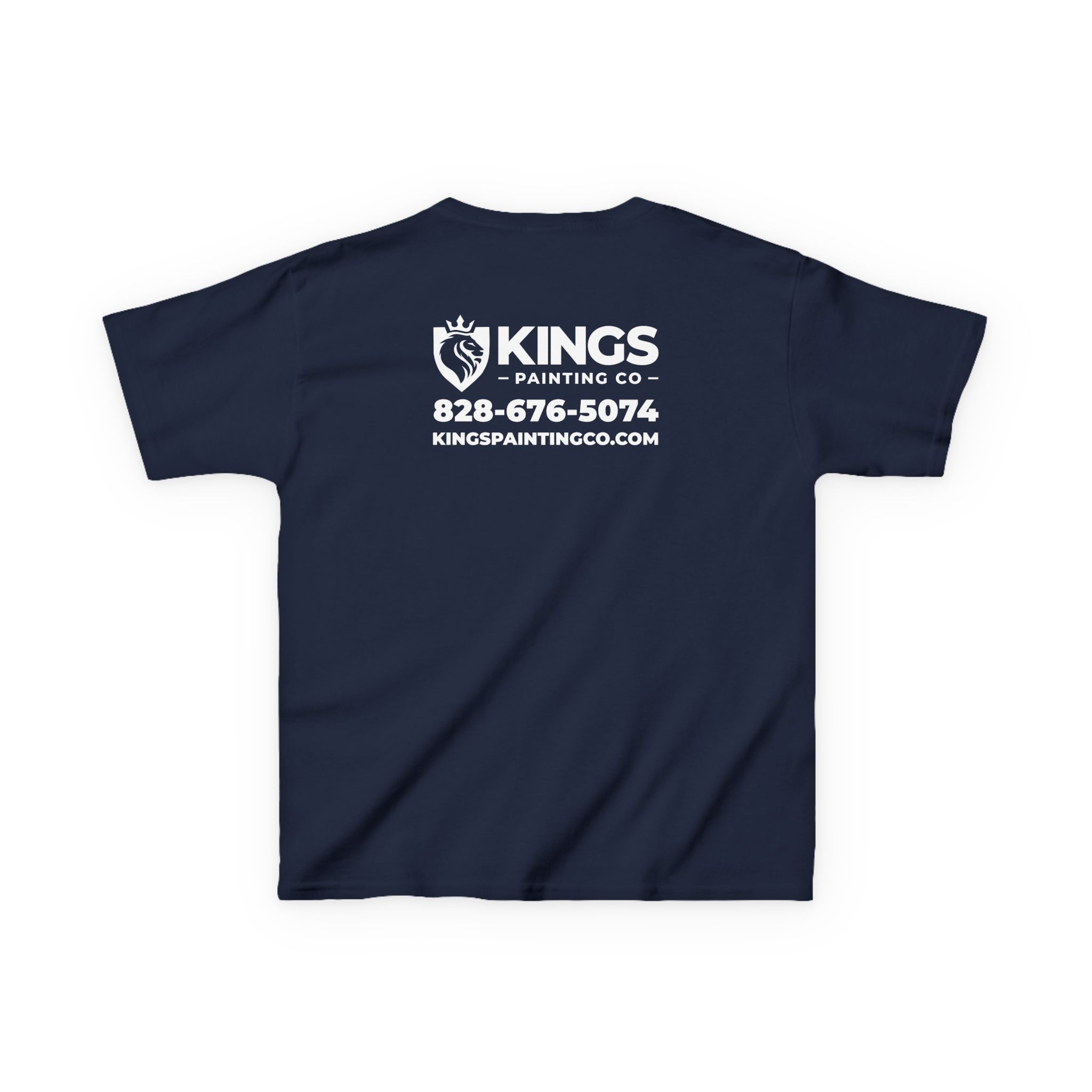 Kings Painting Co. Kids T-Shirt (White Graphics) | Gildan®: Navy blue kids' T-shirt featuring the KINGS PAINTING CO logo, phone number (828-676-5074), and website (kingspaintingco.com) printed in white on the back.