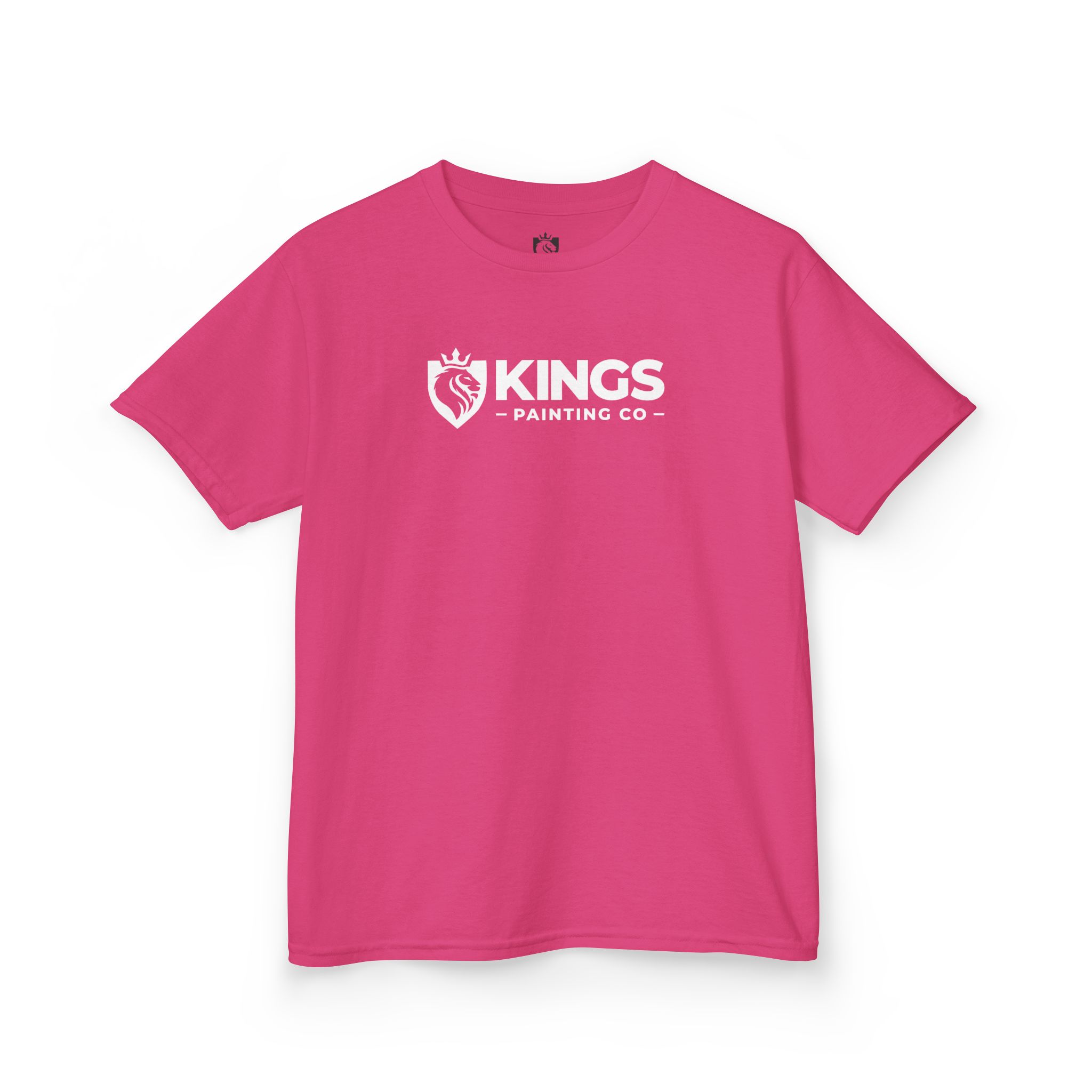 Sure! Here’s a revised version of the sentence using your product data: Bright pink Kings Painting Co. Kids T-Shirt by Gildan®, featuring white graphics with a shield and lion’s head wearing a crown on the chest.