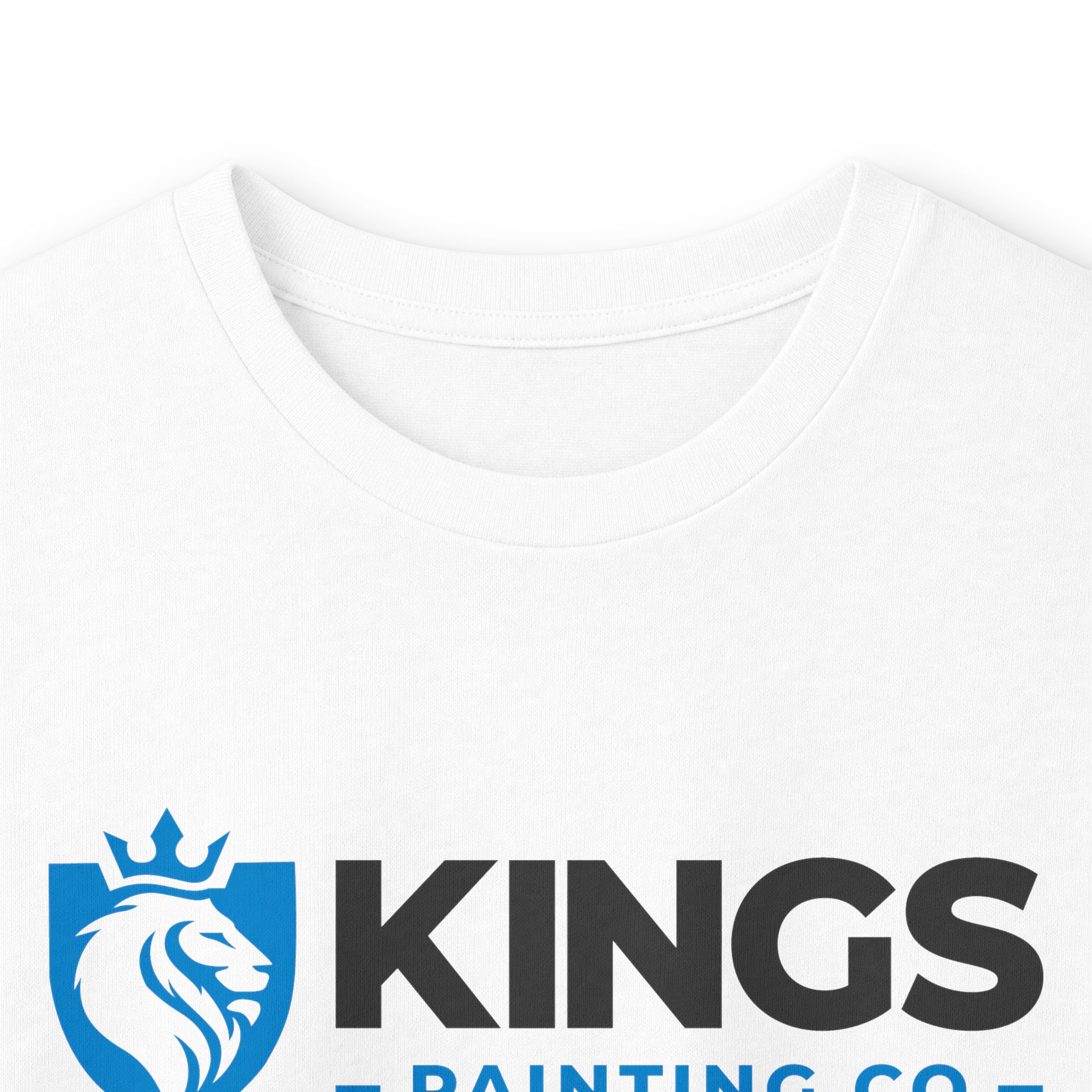 White long sleeve tee featuring a blue lion logo wearing a crown on the left, next to bold black "KINGS" text with "PAINTING CO." partially visible below. Product: Kings Painting Co. Long Sleeve Tee (Gildan 2400).