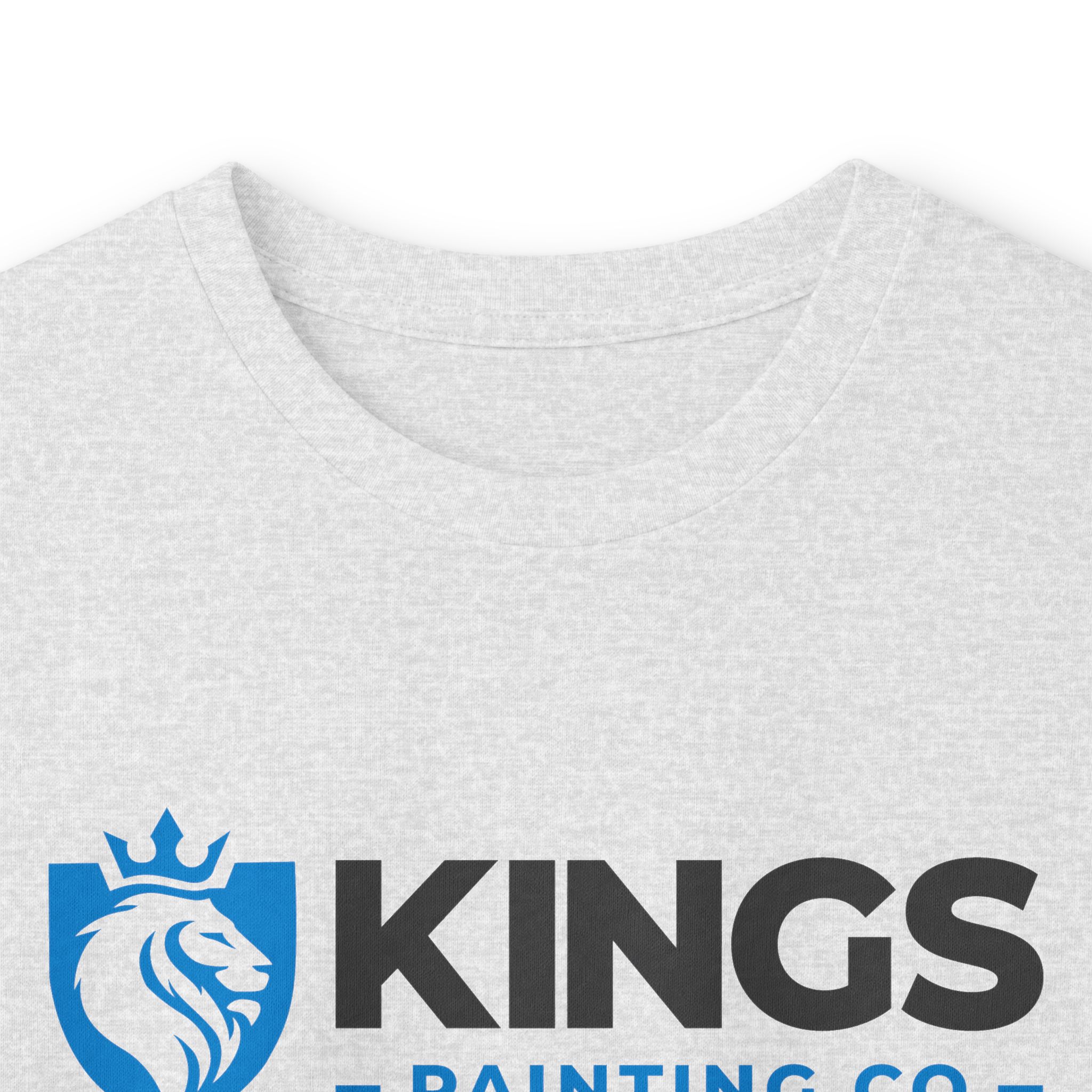 A light gray long sleeve tee (Gildan 2400) featuring a blue lion head with a crown logo and bold black "KINGS PAINTING CO." text printed below.