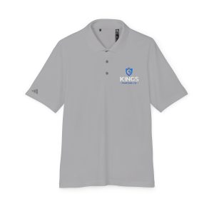 Kings Painting Co. Performance Polo by Under Armour® in light gray, featuring a blue KINGS PAINTING CO. logo on the left chest and a subtle gray emblem on the left sleeve; designed with a classic collar and three-button placket.