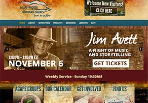 Website homepage for Blue Ridge Vineyard Church highlights an event banner for Jim Avett: A Night of Music and Storytelling on November 6. Crafted with seamless web development, the header warmly invites new visitors. Navigation menu includes About, Ministries, Insights, Sermons, Lessons, and Give.